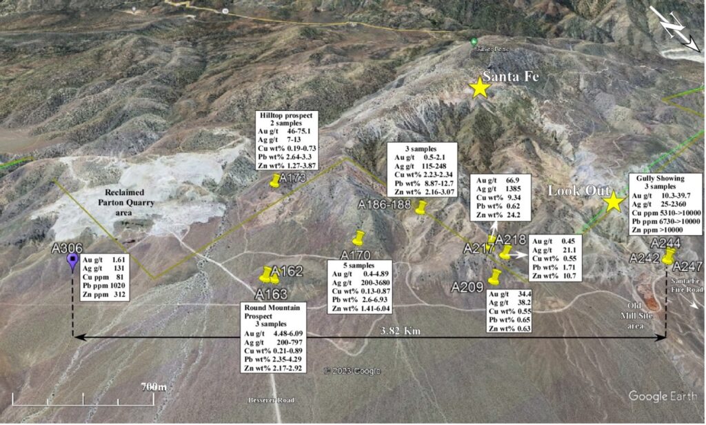 Figure 1. Location of high-grade base and precious metal prospects, Blackhawk Property California. Note: road access is very good throughout the property (image from Google Earth).